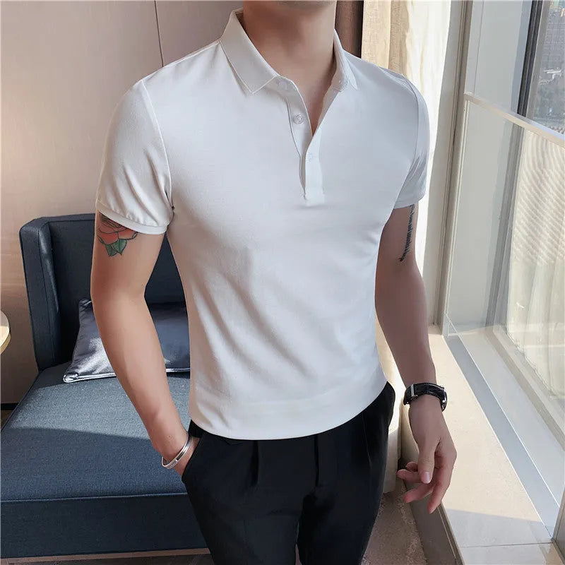 Slim-fit solid colour polo shirt with lapel collar and short sleeves on a hanger.
