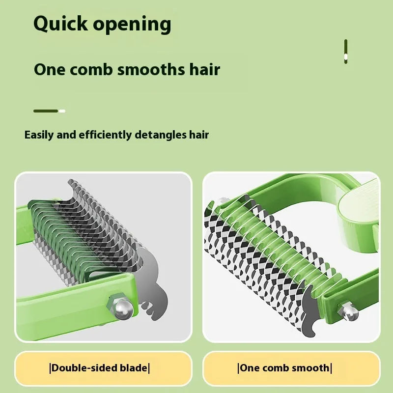 Green and grey pet hair unknotting comb with stainless steel teeth on PP handle