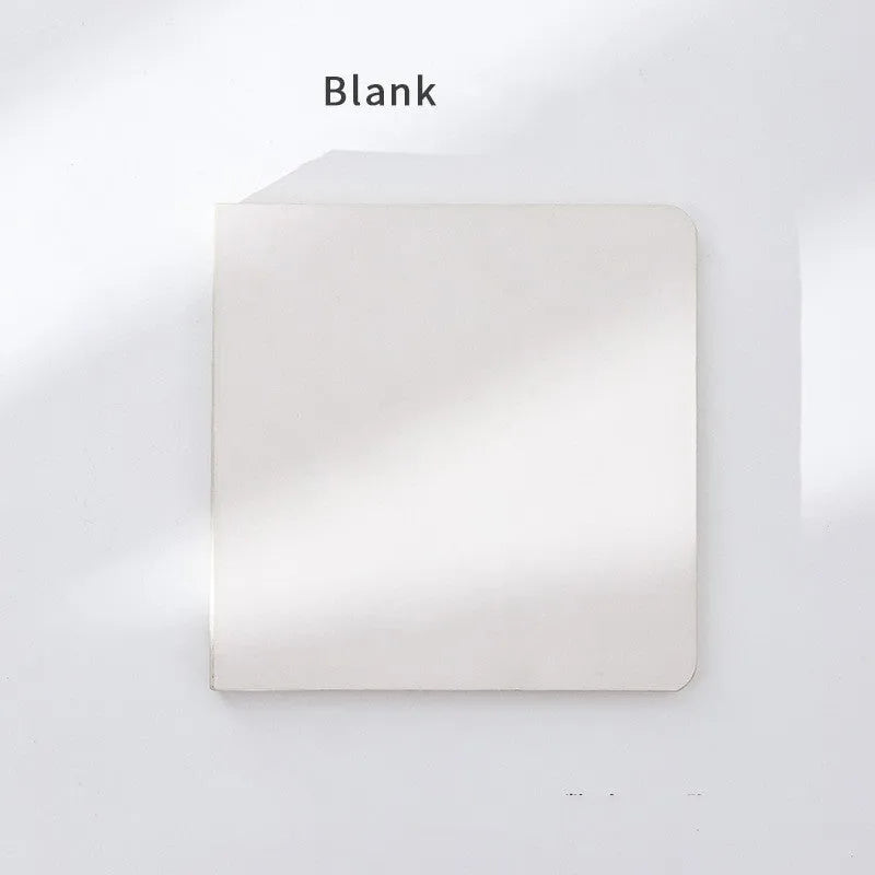 Square notebook with colour embossed fruit cover or white design, showing 14.5cm sides and 80g paper pages.