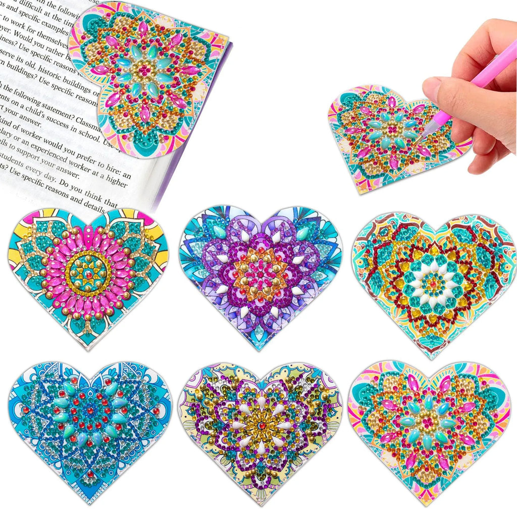 Set of six handmade PU leather bookmarks with crystal flowers and cornerite design