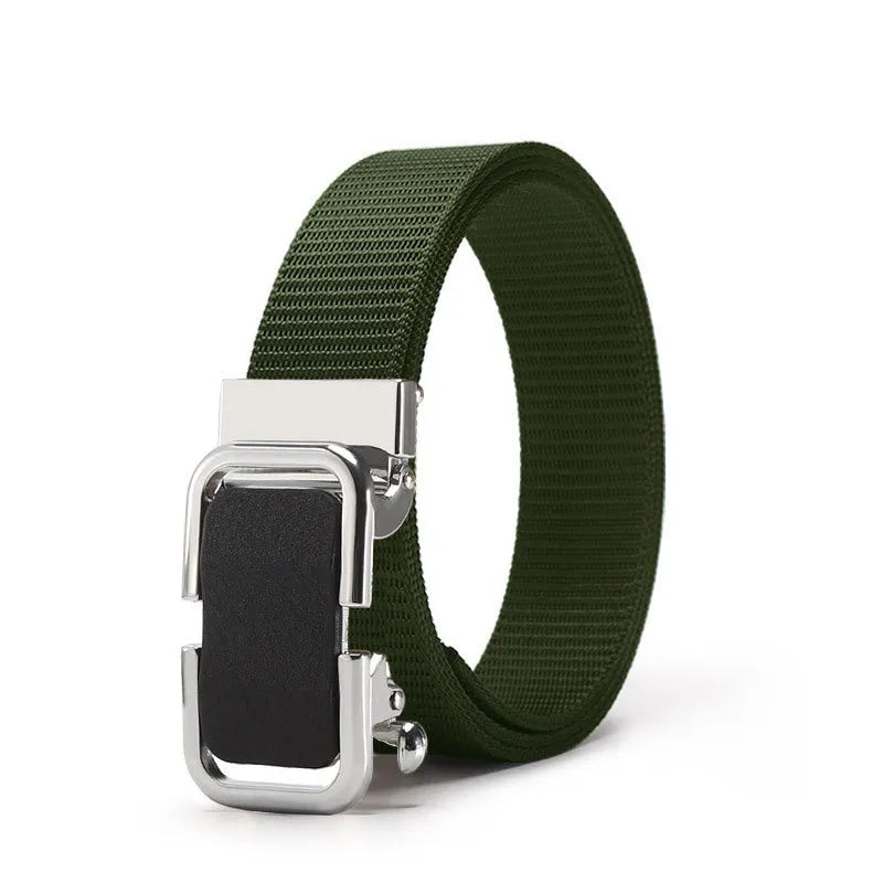 Toothless nylon canvas men's belt with alloy buckle shown in multiple colour options