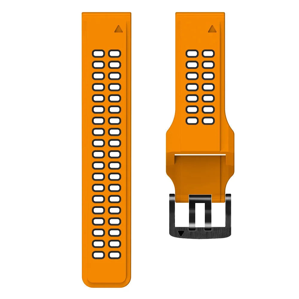 Quick release double-row hole silicone sports watch strap in a two-tone colour on a watch.
