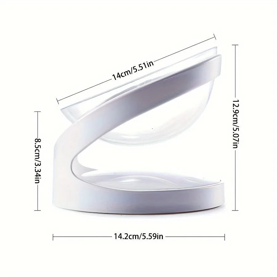 White elevated plastic cat food bowl with a slanted design for comfortable feeding.
