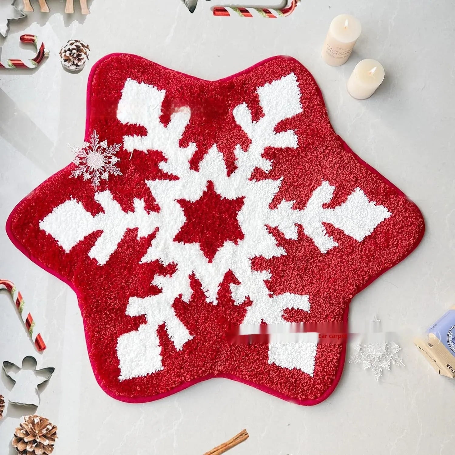 Christmas round pad polyester carpet on floor in 60cm or 80cm size, showing one of ten festive printed designs.