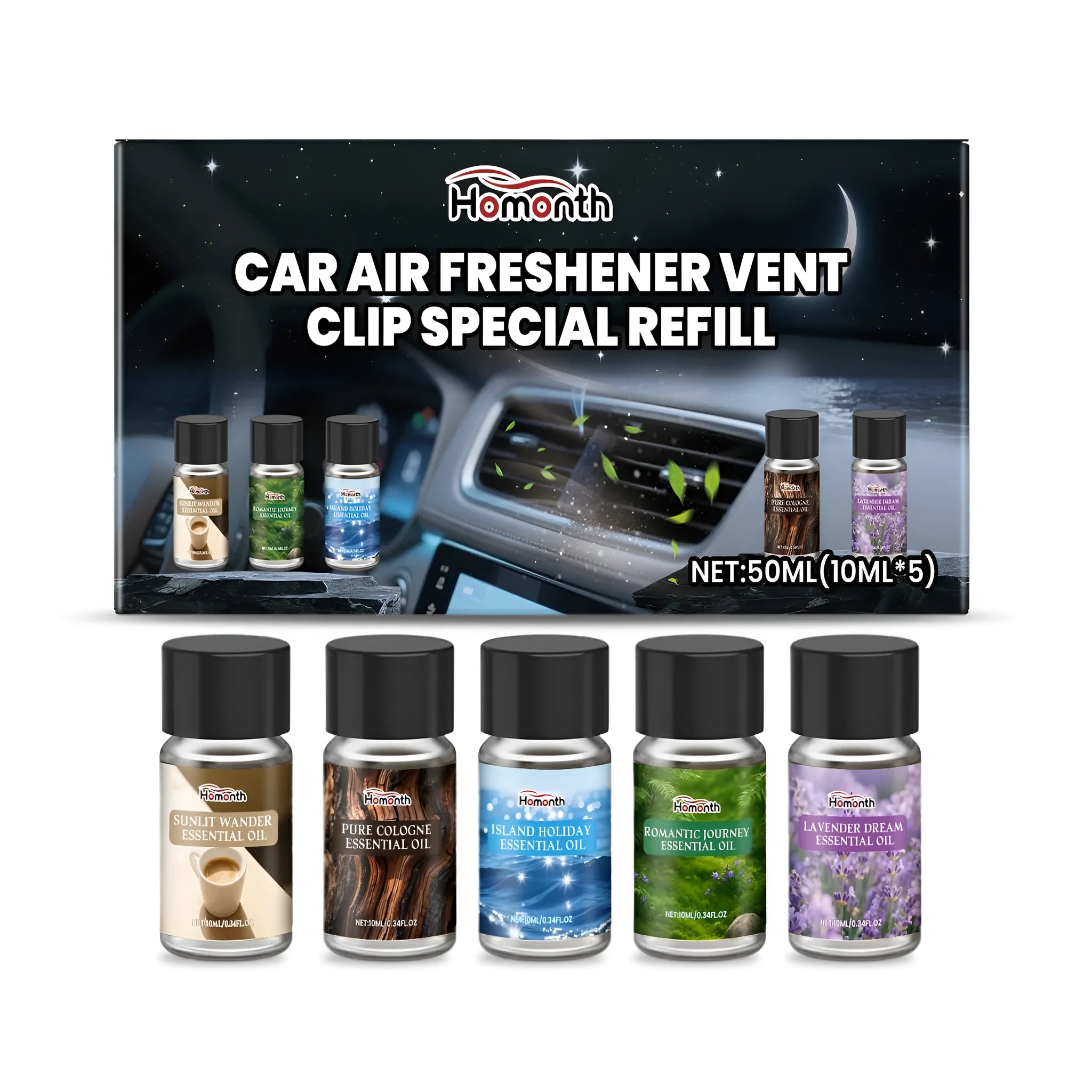 Five 10ml bottle car air freshener refill set with different scent options