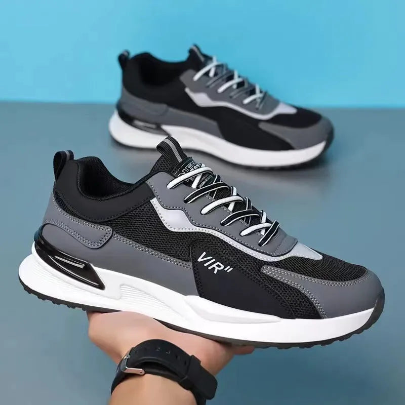 Men's colour block mesh sneakers with lace-up front and flat heel in black colourway