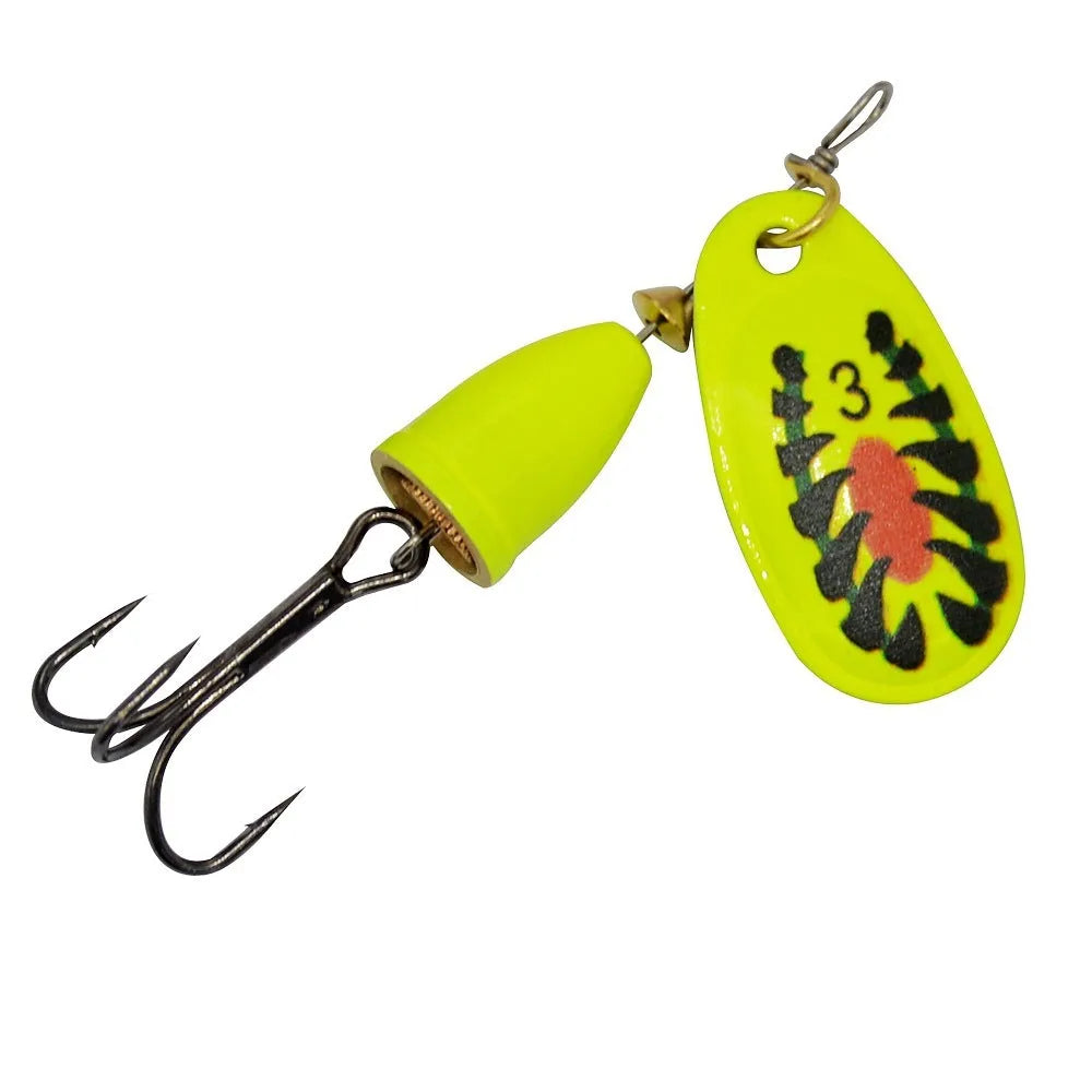 Copper bell metal fishing lure with rotating sequins in seven colour finishes on a blue background.