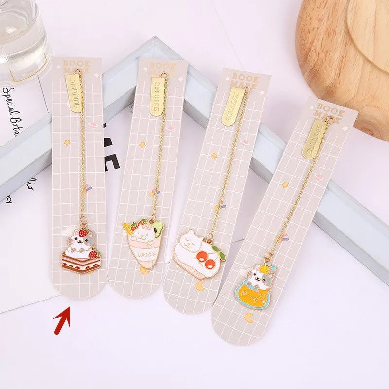 Jane Key Foodie cute pet cat metal bookmark with cartoon pendant in one of four designs, size 3.8cm by 18.3cm.