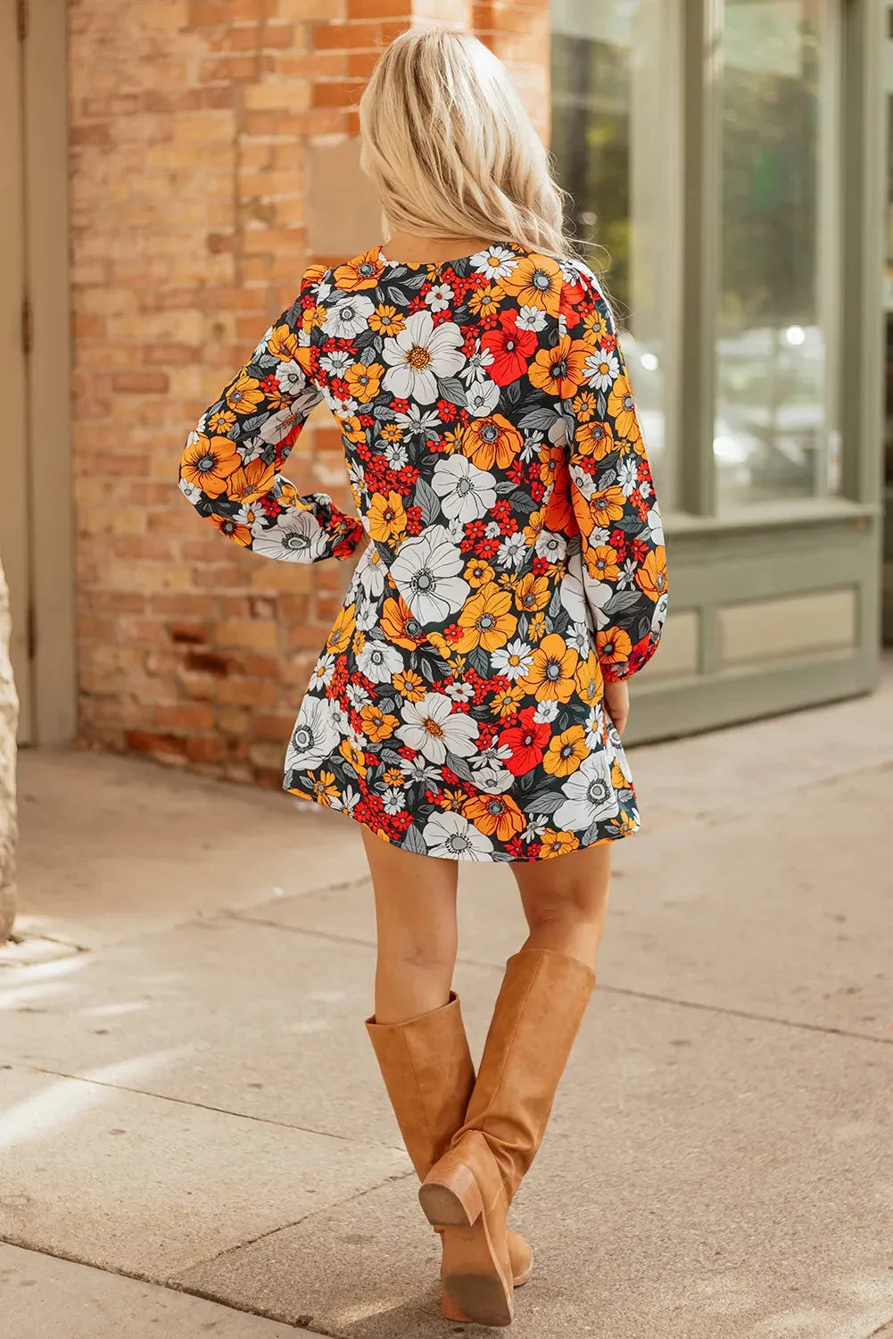 Orange floral print striped lace v neck mini dress with long sleeves