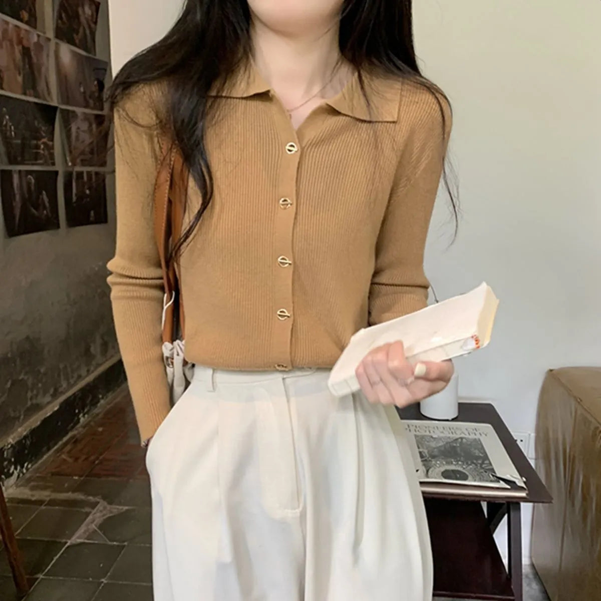 Long sleeved loose fit knitted cardigan top in viscose fibre, shown in beige colour.