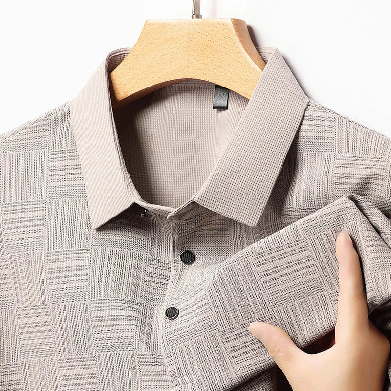 Men's slim fit lapel collar t-shirt in beige, made from a thin breathable fabric.