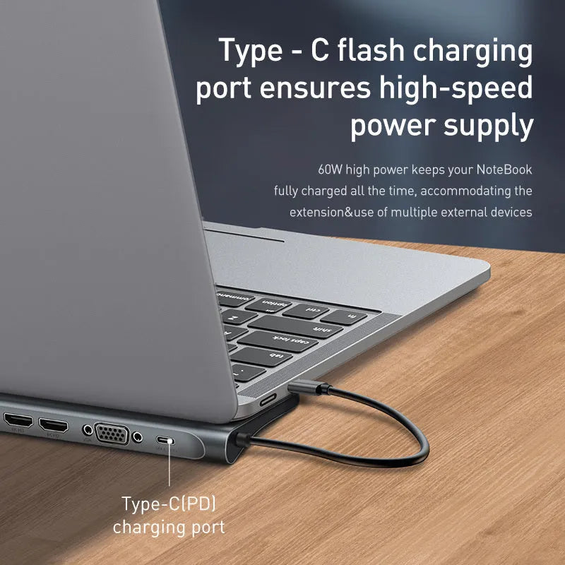 Grey aluminium USB C docking station with ten ports and an integrated laptop cooling bracket.