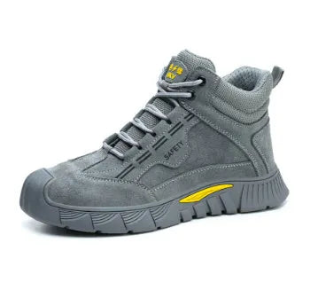 Men's winter high-top velvet cotton safety shoes with steel toe on grey background