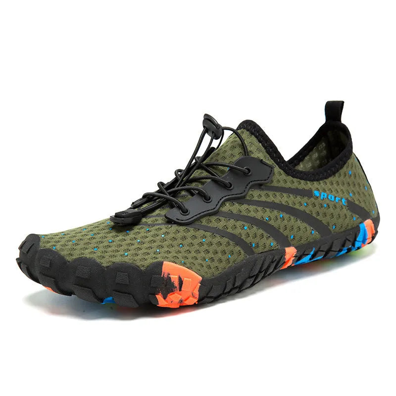 Low-top fast drainage beach swimming shoes in army green with mesh upper and rubber sole.