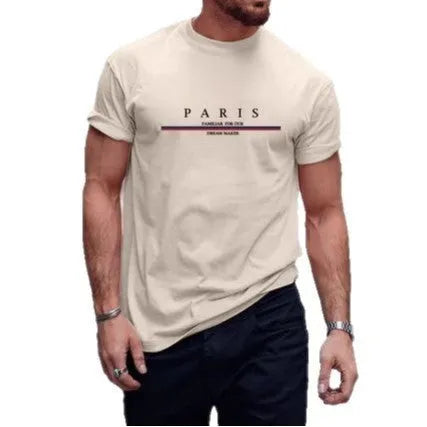 Heavyweight men's short-sleeve t-shirt with large letter print in apricot colour, showing loose fit.