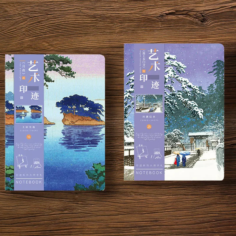 Hardback Ukiyo-e series hand ledger notebook with retro Japanese print cover, open to show 100g paper pages.