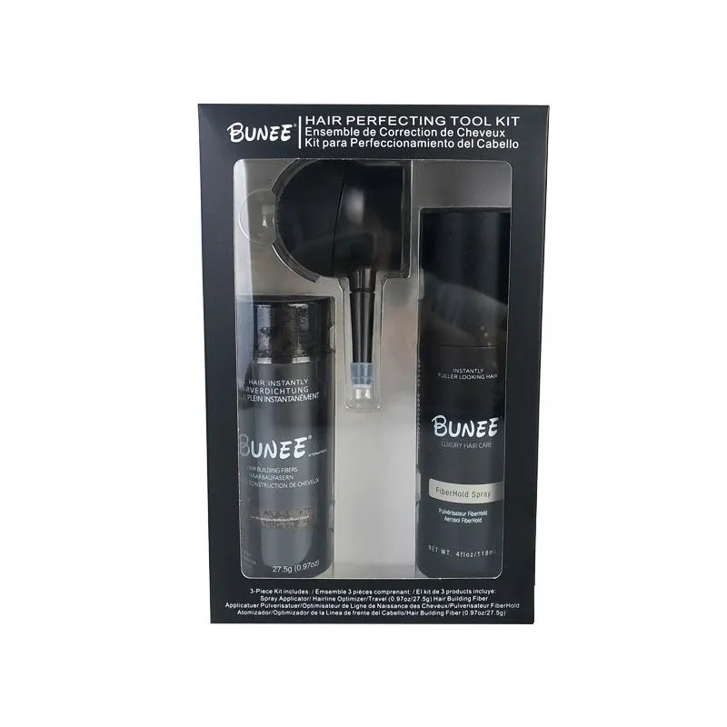 275g can of dense hair fibre powder with application nozzle and shaping spray bottle for thinning hair.