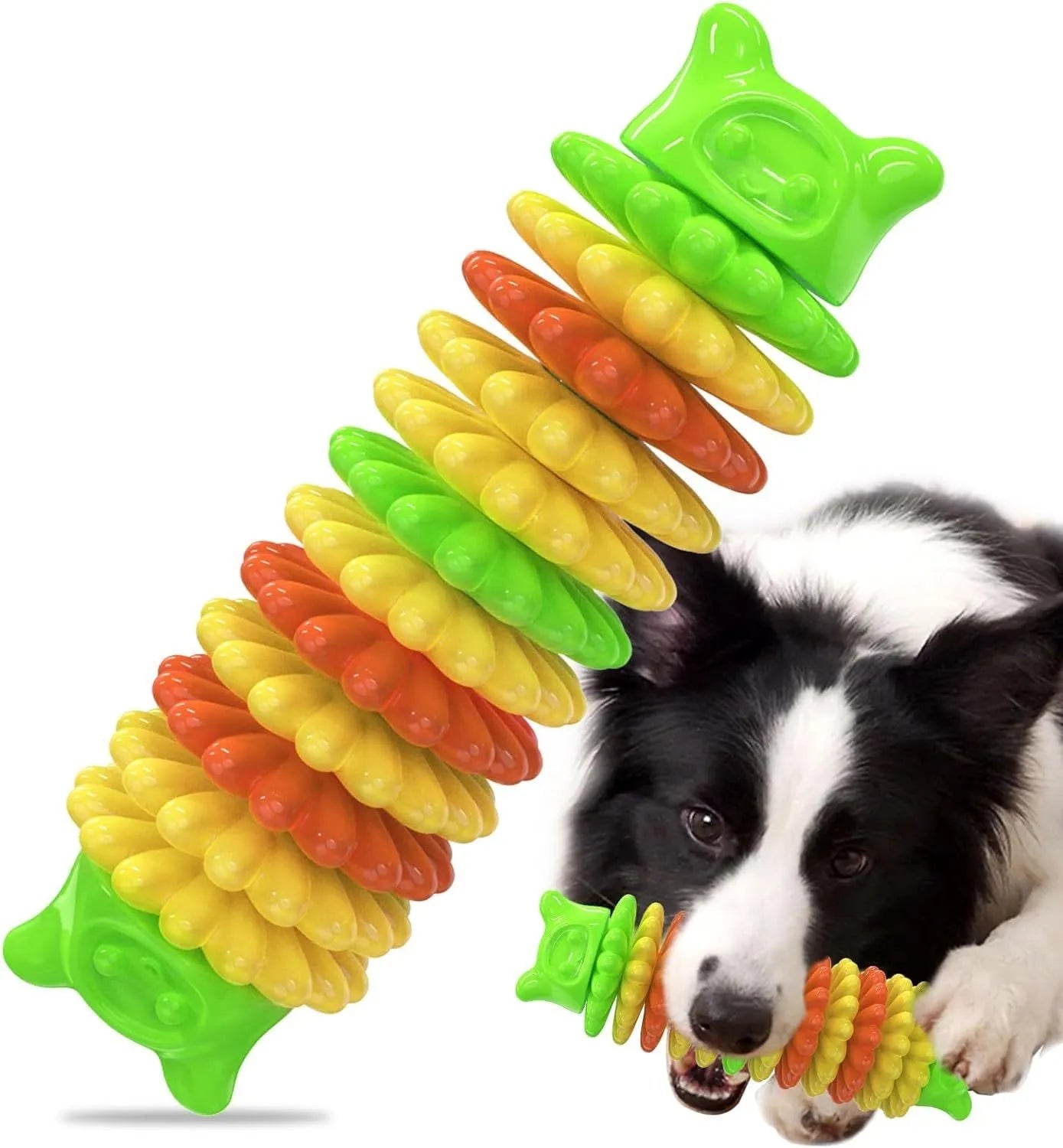 Blue green pink caterpillar-shaped natural rubber dog chew toy for aggressive chewers on a plain background.