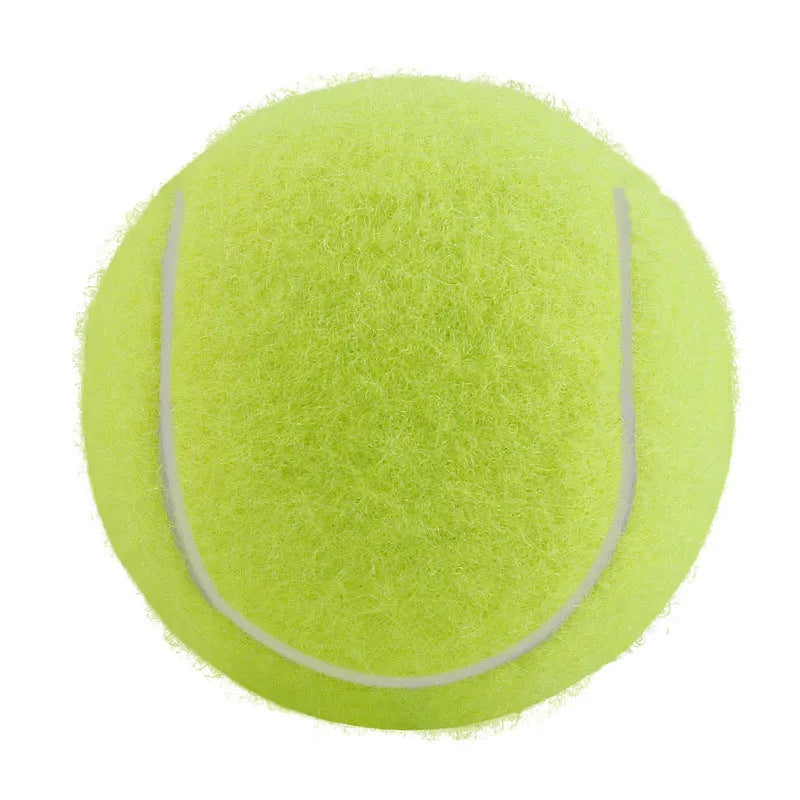 Bright coloured, bite-resistant rubber tennis ball for dogs, 6.3 cm in diameter.