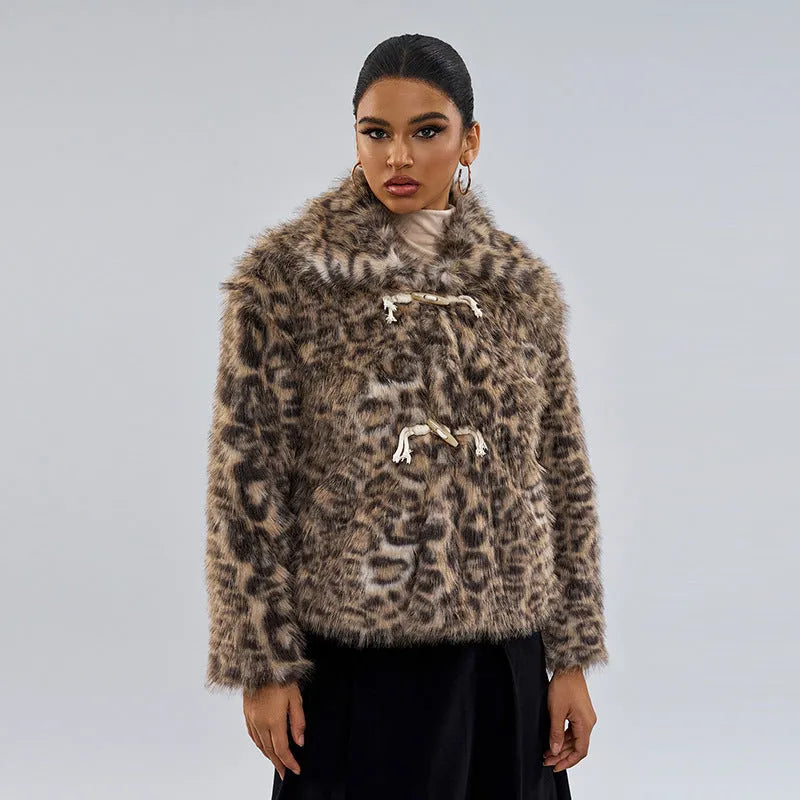 Women's leopard print polyester coat with buckle lapel closure in street fashion style