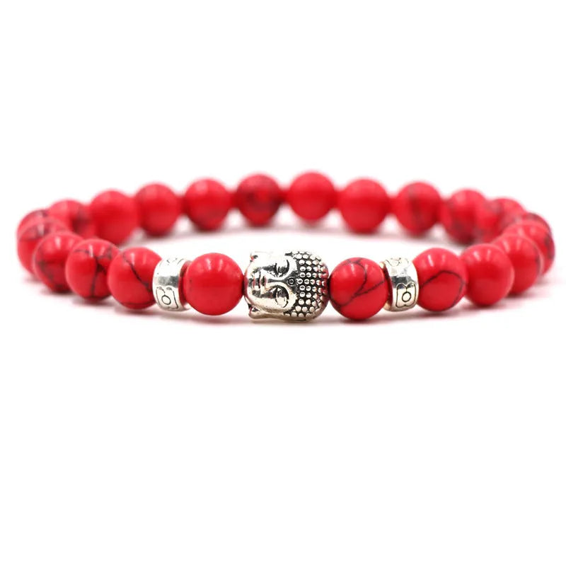Natural stone stretch bracelet with tigereye, volcanic rock and turquoise beads on wrist