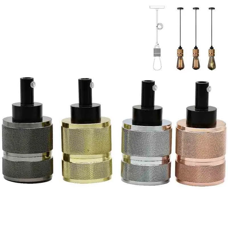 DIY retro chandelier assembly kit with metal frame, braided power cord, and electroplated lamp holder in chrome finish