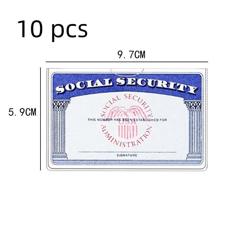 Transparent PVC social security card holder showing a card inside, sized 9.7cm by 5.9cm.