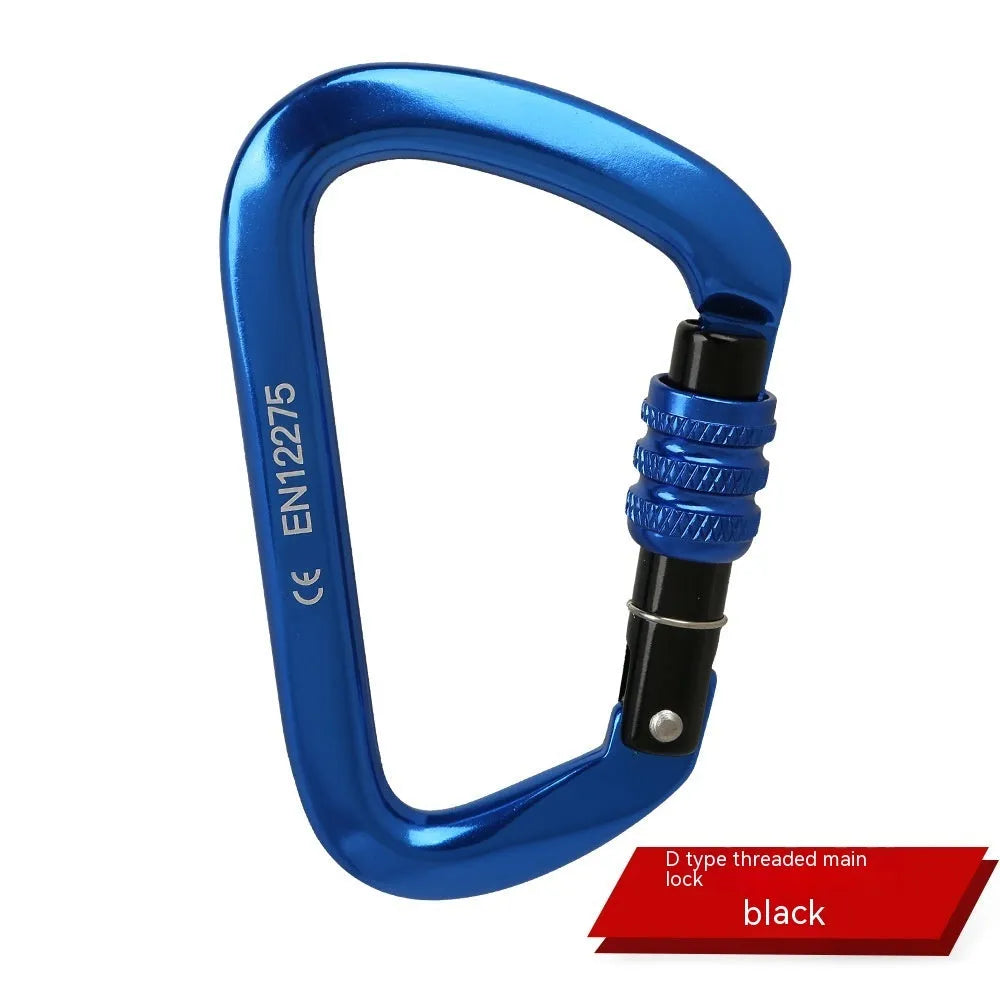 D-shaped climbing carabiner main lock in colours: black, blue, orange, red, silver red with automatic or threaded gate.