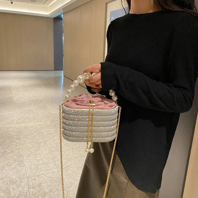 Women's retro style crossbody dinner bag with beaded decoration in soft PU material