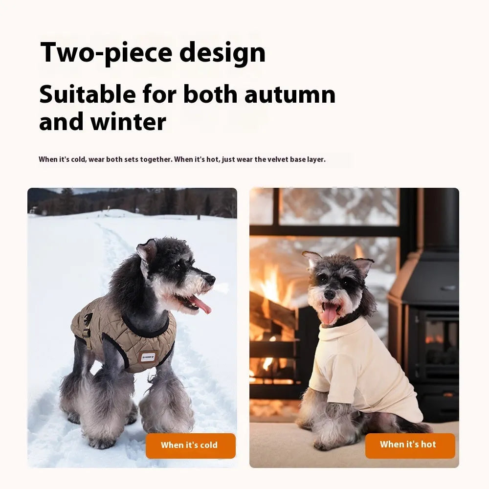 Winter dog warm two-piece suit in brown polyester for sizes S to 3XL
