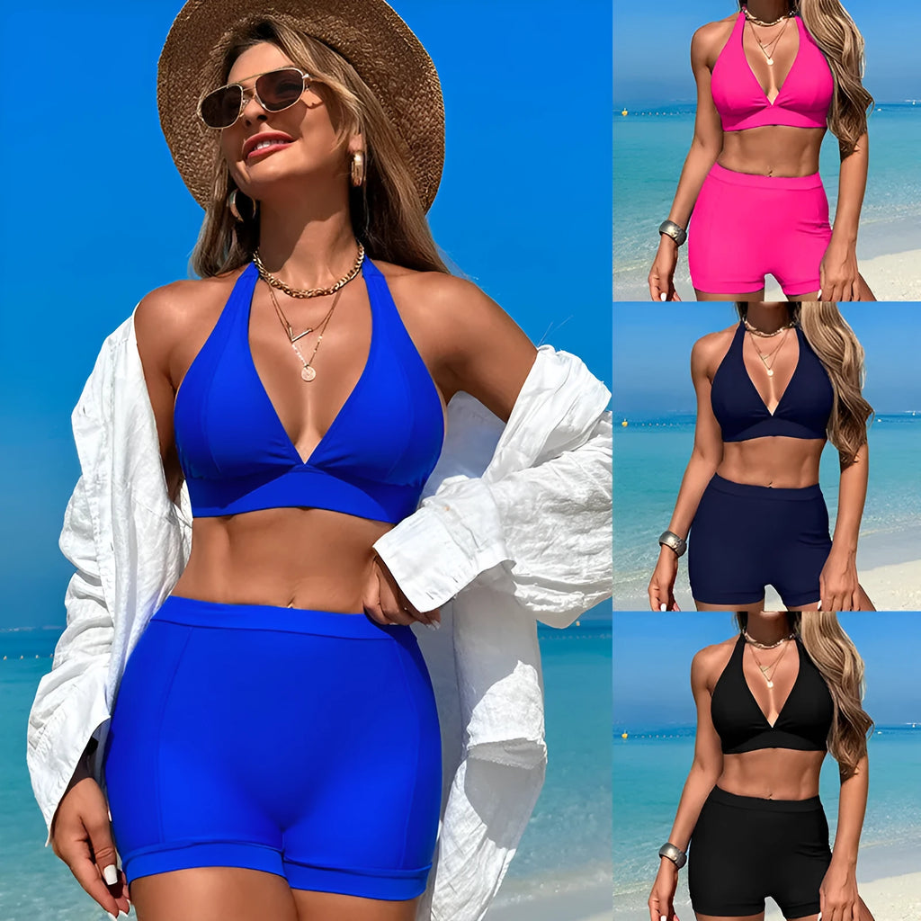 Women's split style bikini swimsuit set for swimming in black colour