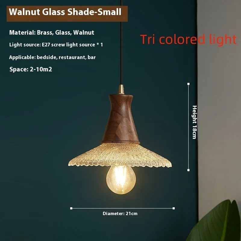 Retro brass and wood ceiling chandelier with a glass lampshade, shown in small, medium, and large sizes.