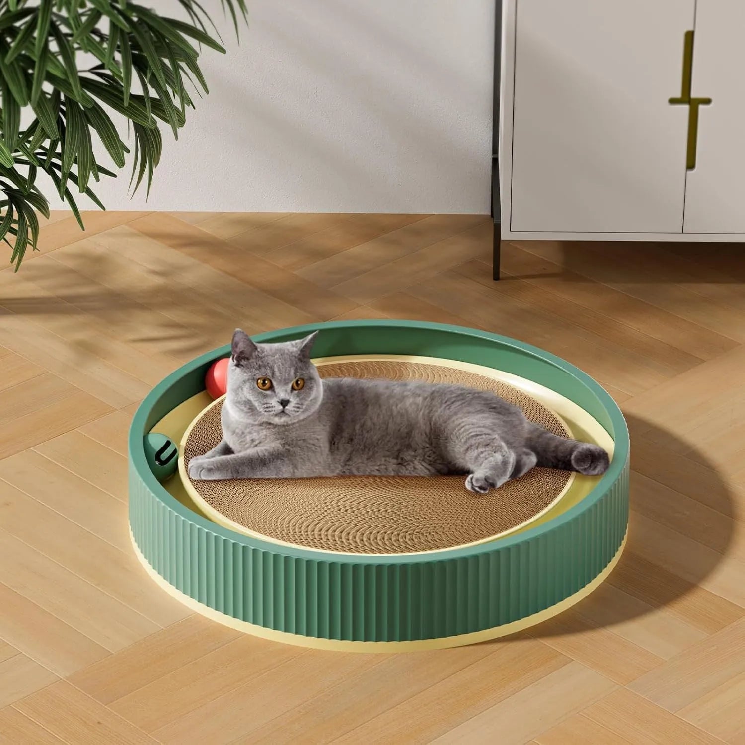 Large circular cat scratching board with integrated ball toys and replaceable cardboard core