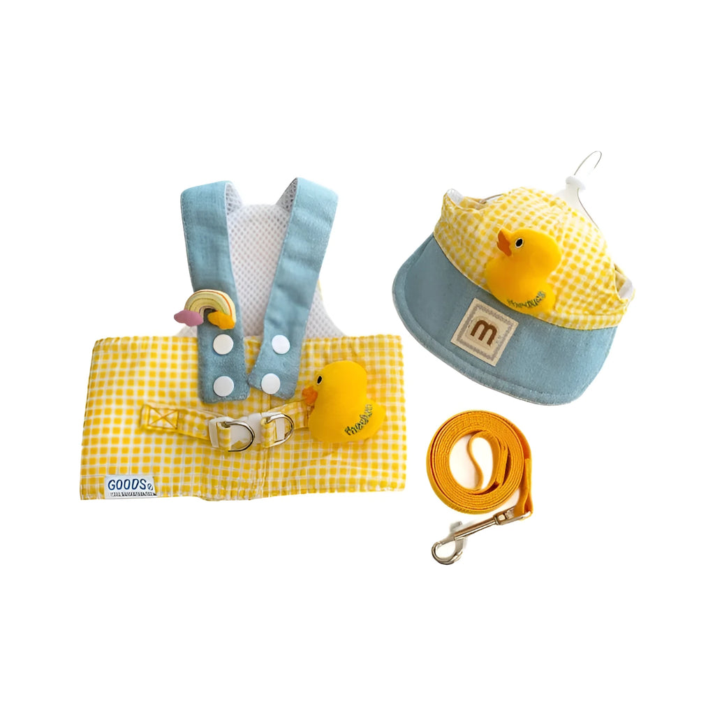 Pet clothing set with cat hat, wire rope pulling rope, and dog harness leash in various sizes