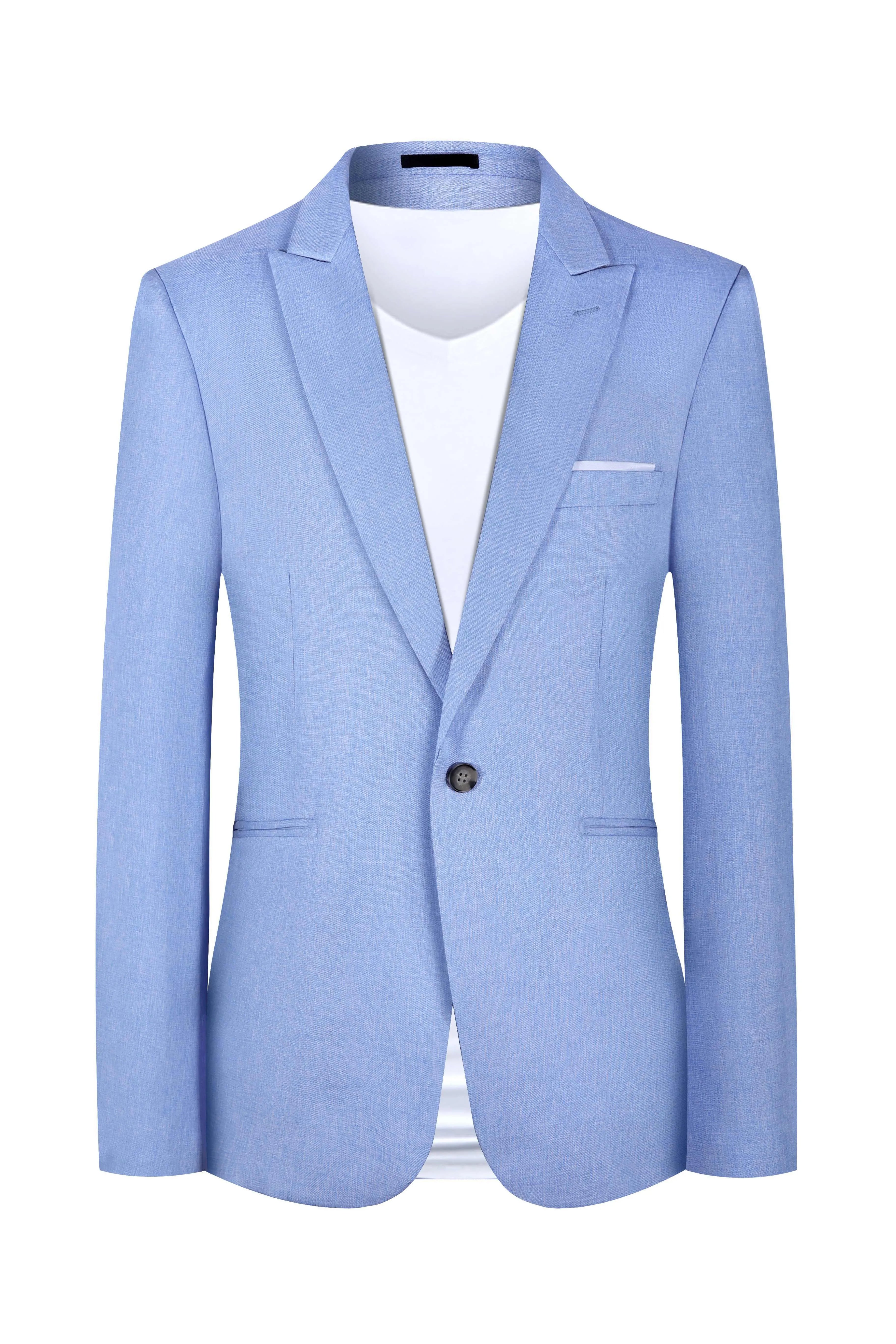 Men's Western style casual suit jacket in light blue and pink colours with city fashion design