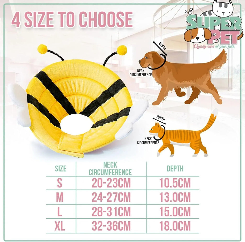 Soft cat cone collar with bee design showing adjustable velcro closure in pet recovery setting