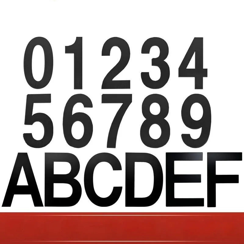 Black stainless steel adhesive house numbers and letters, each 7.5cm high, arranged on a white background.