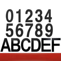 Black stainless steel adhesive house numbers and letters, each 7.5cm high, arranged on a white background.