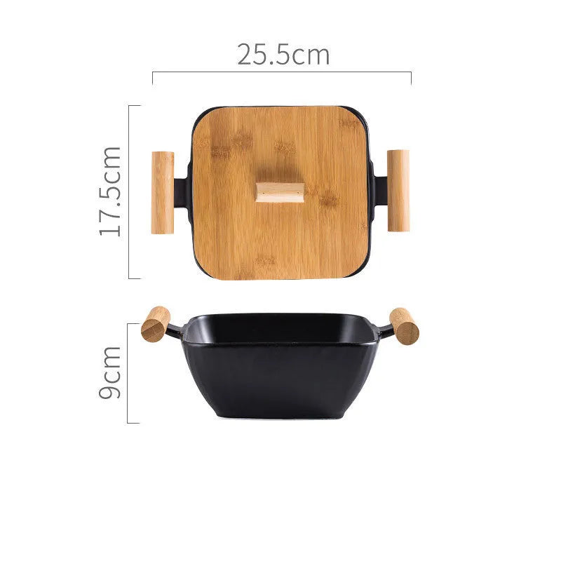 Porcelain ceramic bowl with irregular shape and matching lid in modern design