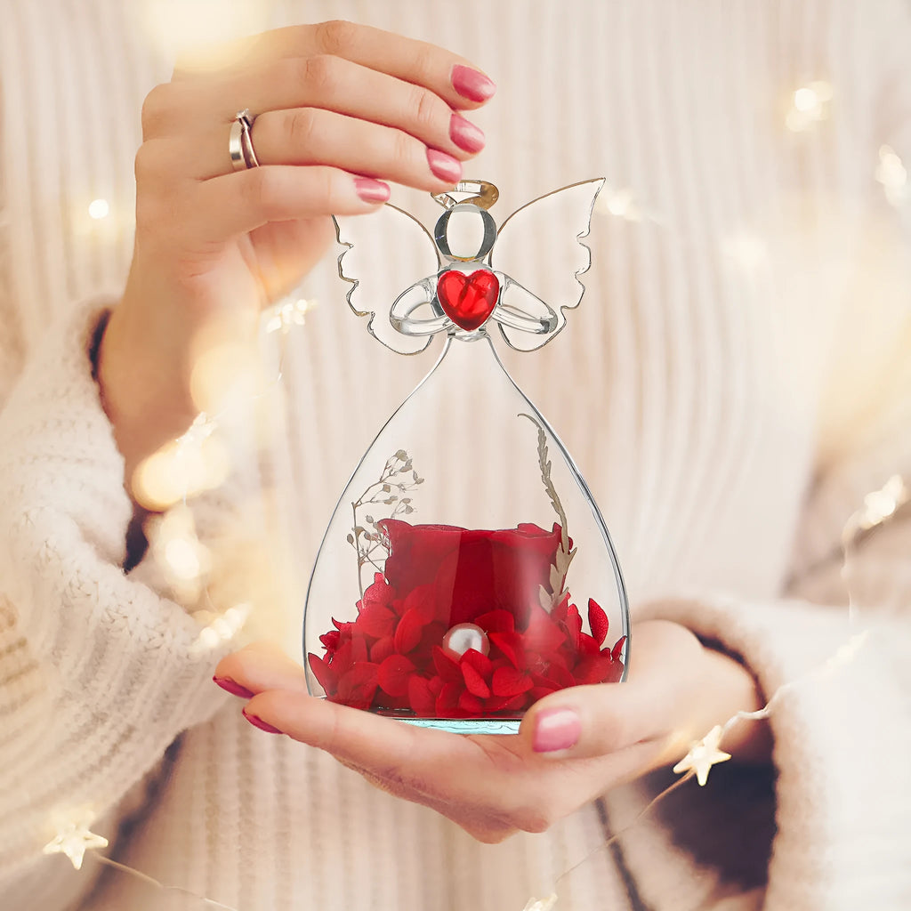 Red preserved rose in a glass cover decoration inside a gift box for Christmas and Valentine’s Day