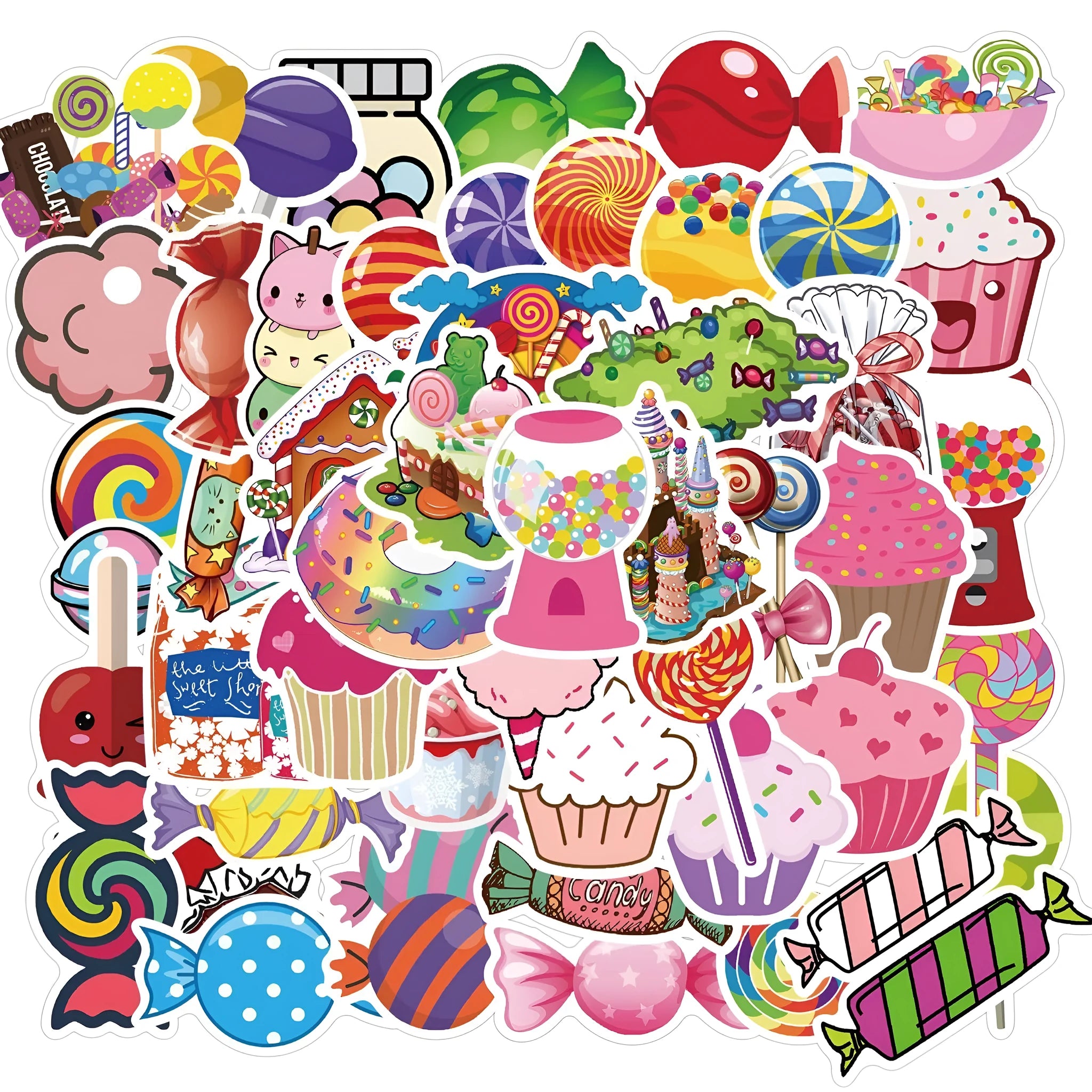 50 colourful Candy graffiti stickers with cartoon designs measuring 4-6cm