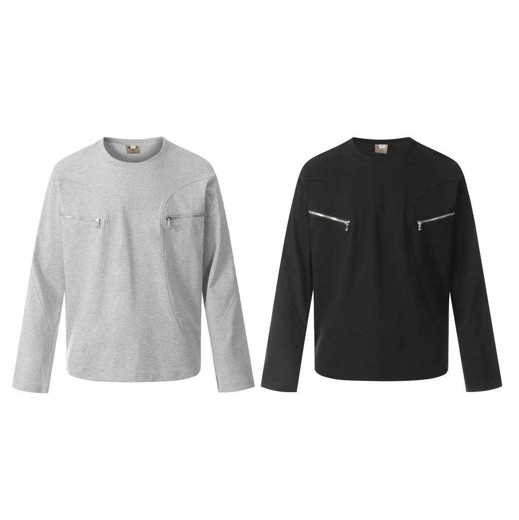 Men's loose retro style cotton long-sleeve t-shirt in black and grey colours