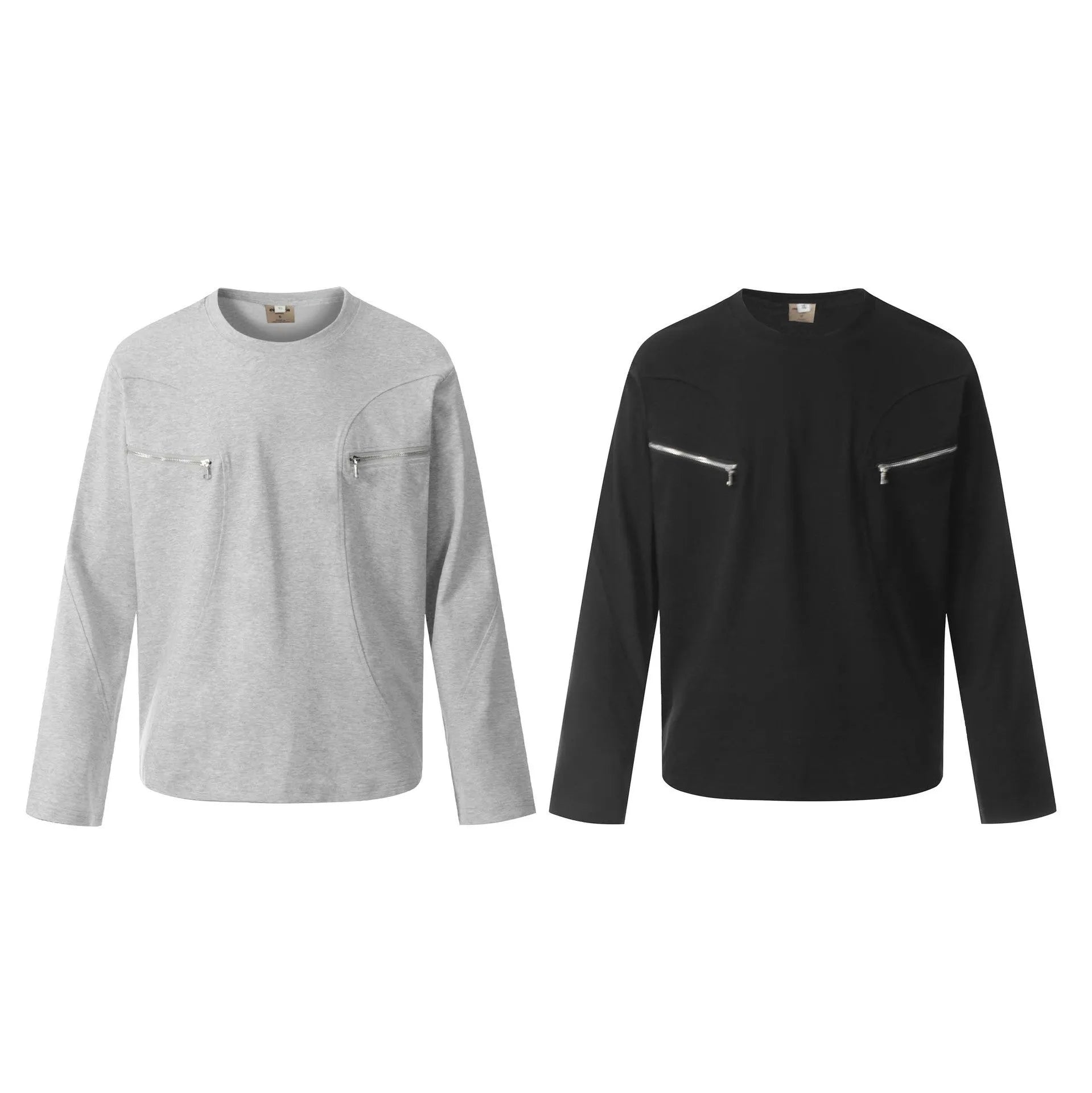 Men's loose retro style cotton long-sleeve t-shirt in black and grey colours