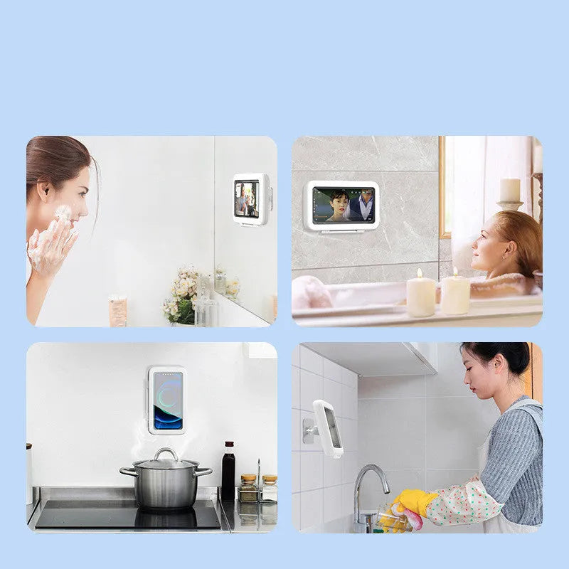 Waterproof shower phone holder with touch screen on bathroom tile, showing phone inside with anti-fog window