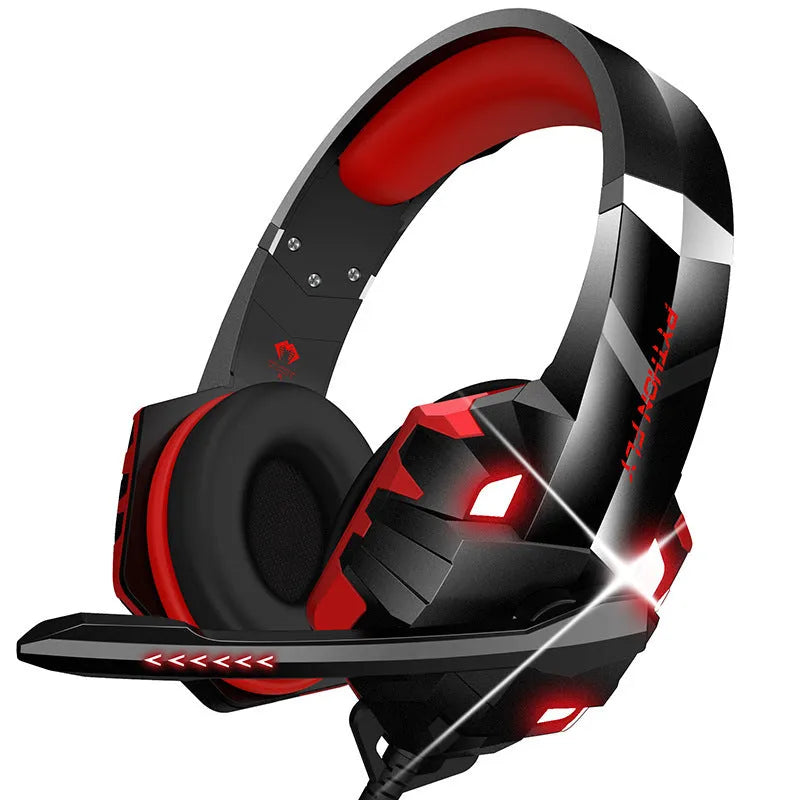 Blue wired computer gaming headset with microphone and LED lighting effects on black background