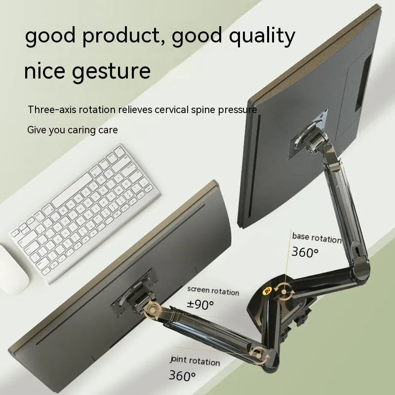 Dual screen monitor lifting bracket made of aluminium and black ABS plastic, showing VESA mount compatibility.