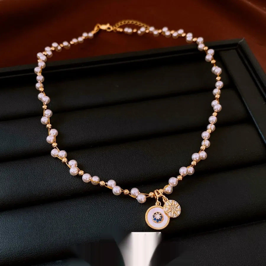 Real gold electroplated clavicle chain necklace with round zircon pearl pendant