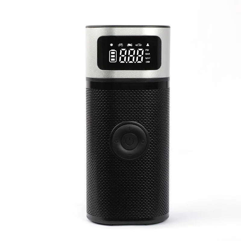 Black portable wireless smart vehicle air pump with USB-C cable and multiple nozzles on a grey background.