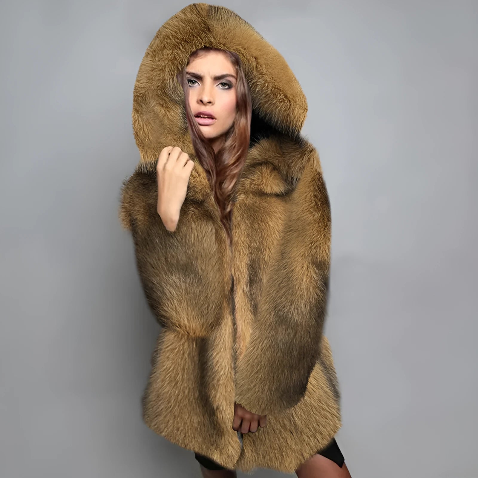 Women's silver grey artificial fur coat with loose fit and regular sleeves