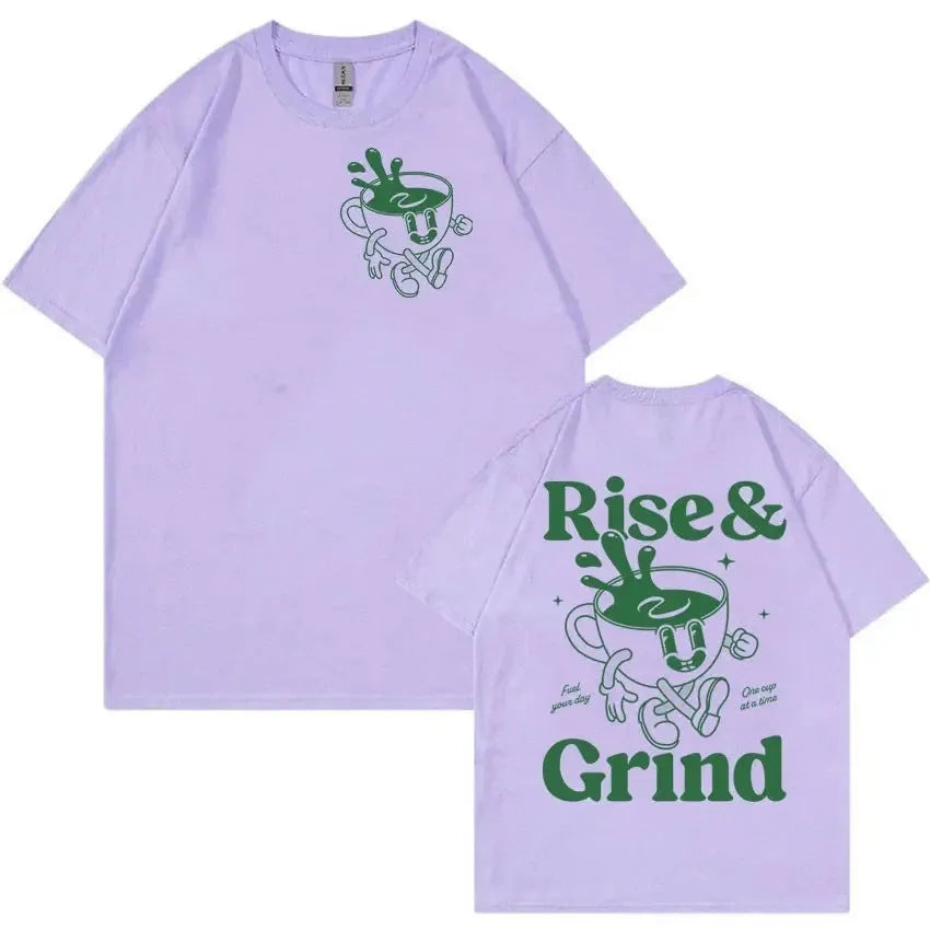 Loose fit black linen t-shirt with green Rise And Grind coffee cartoon print on chest.